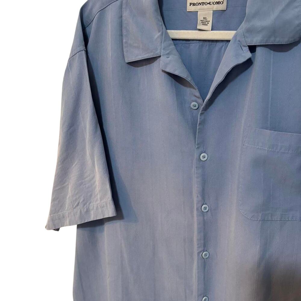Pronto Uomo 100% Silk Blue Short Sleeve Button Up Shirt Men’s XL Luxury - Picture 4 of 7